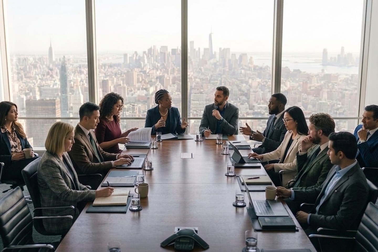Diverse executive team in an active working meeting with laptops, notes and coffee in a daylit boardroom